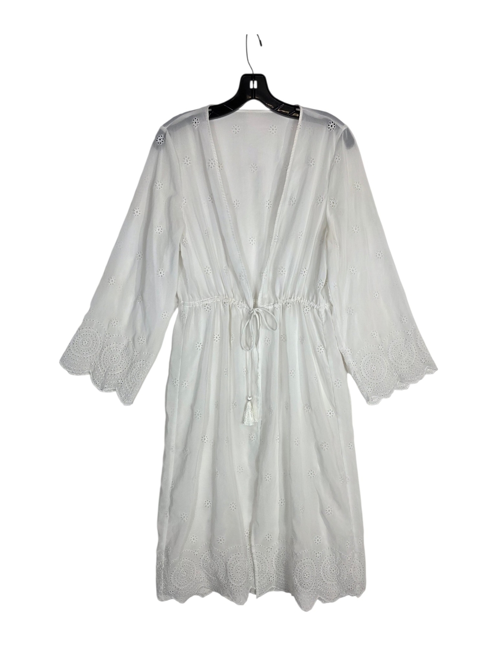 White Eyelet Tie-Waist Swim Coverup with Scalloped Trim